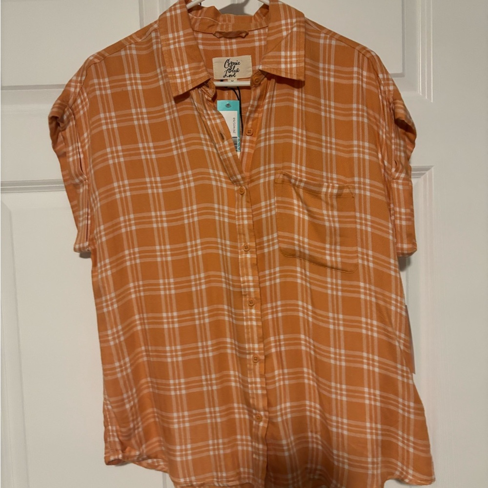 Orange and White Cuffed Sleeve Button Down Shirt